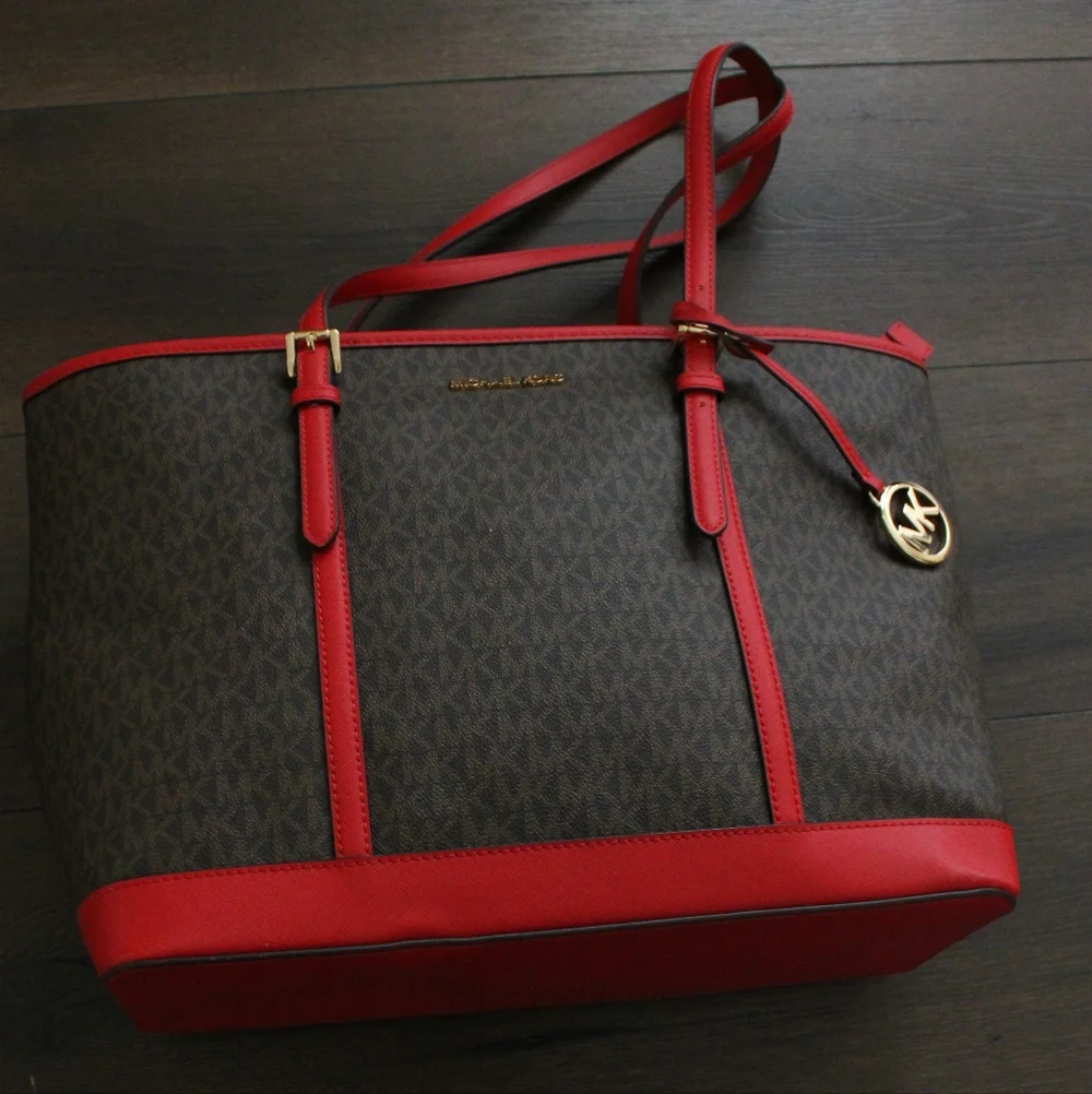 Michael Kors Red Trim Signature Tote Bag - Picture 11 of 11